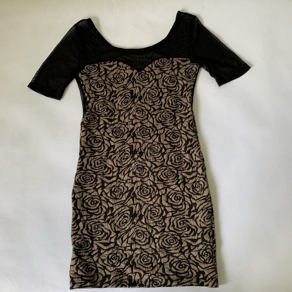 Vintage Manito Bodycon Dress Women Medium Tan Black Floral Rose Sheer Mesh Party